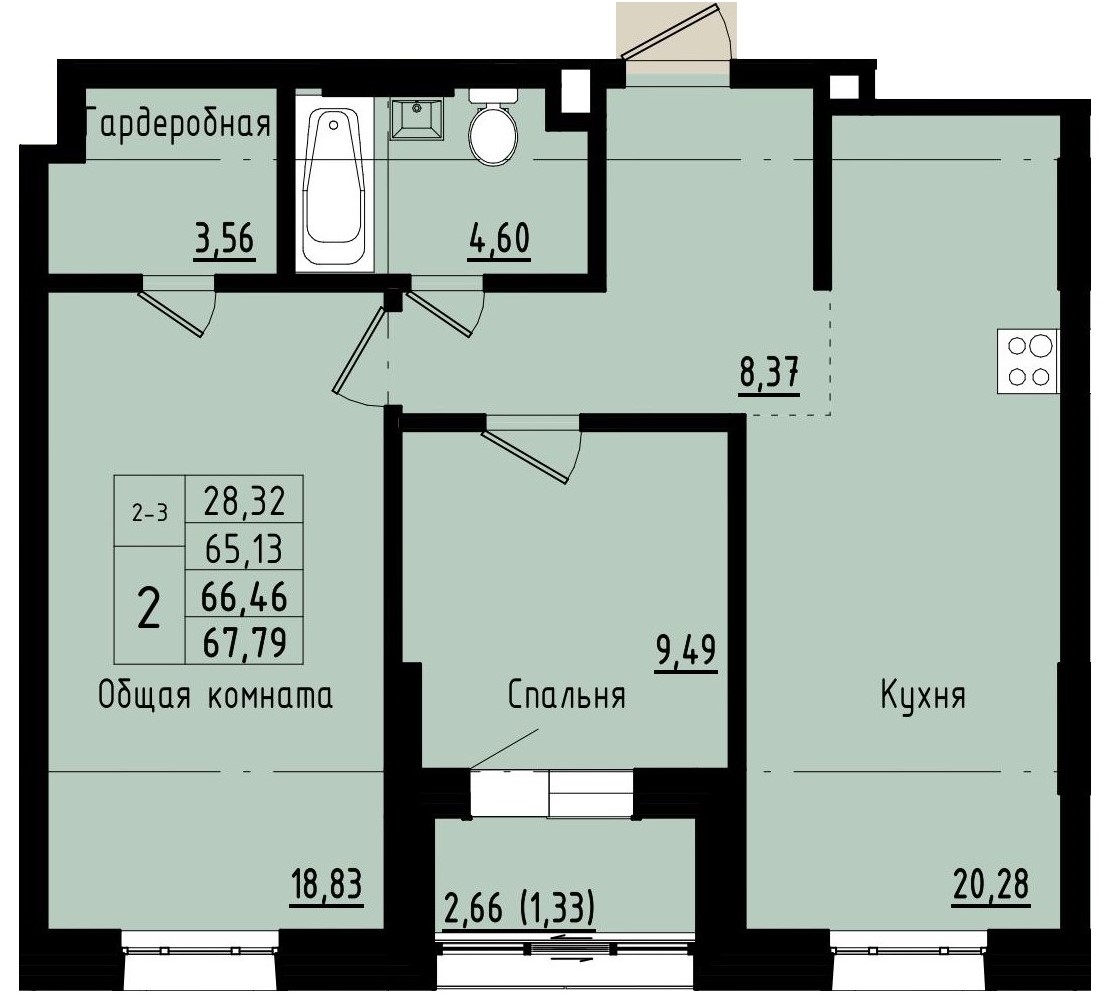 2 комн., 66.46 м²