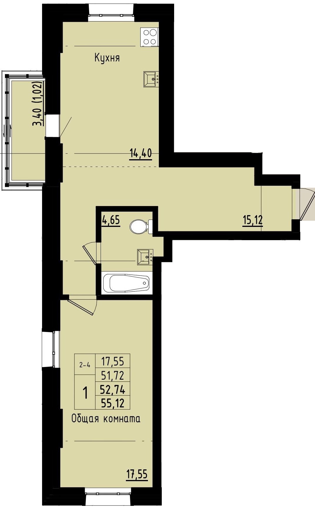 1 комн., 52.74 м²