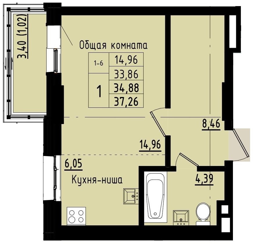1 комн., 34.88 м²