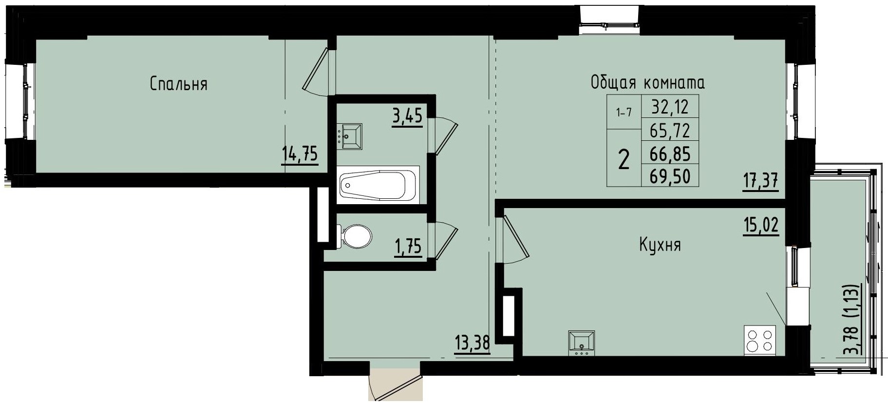 2 комн., 66.85 м²