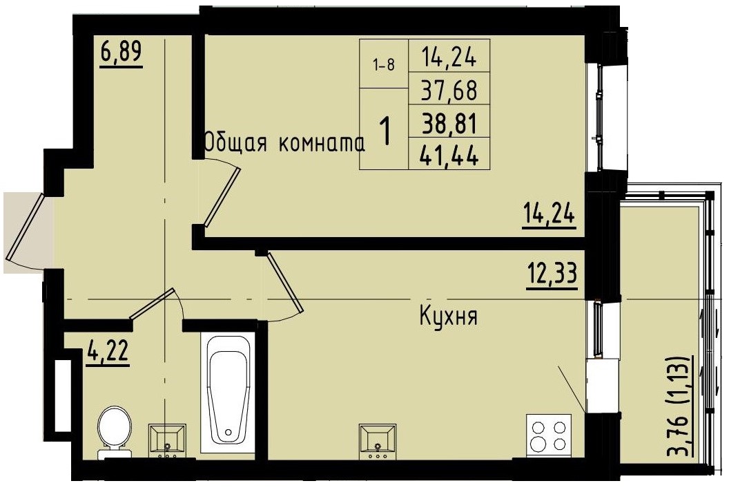 1 комн., 38.81 м²