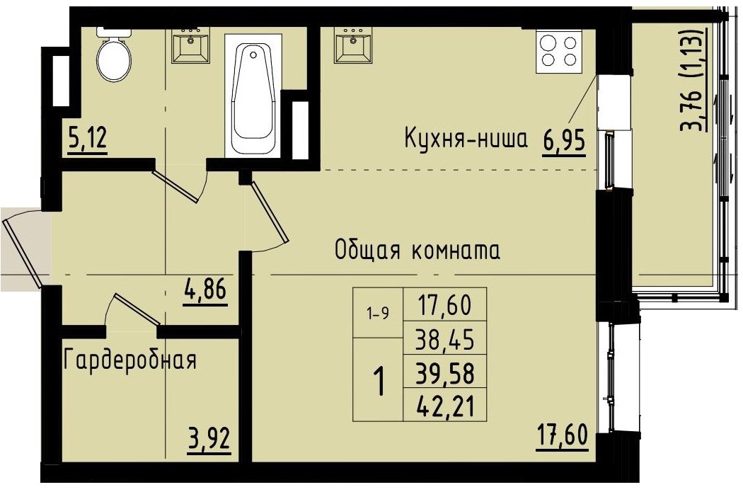 1 комн., 39.58 м²