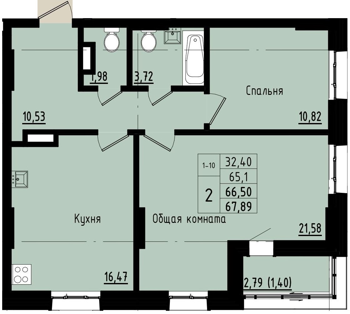 2 комн., 66.50 м²