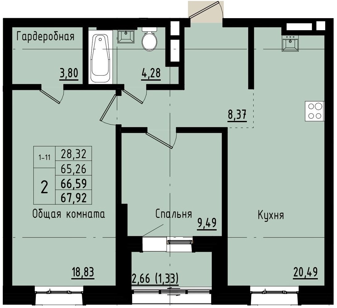 2 комн., 66.59 м²