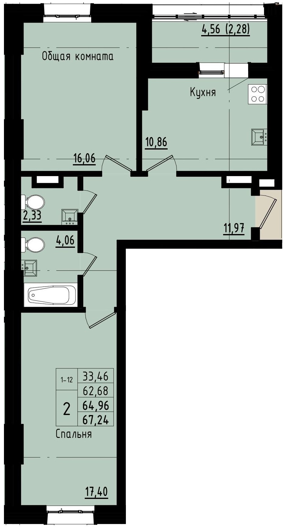2 комн., 64.96 м²