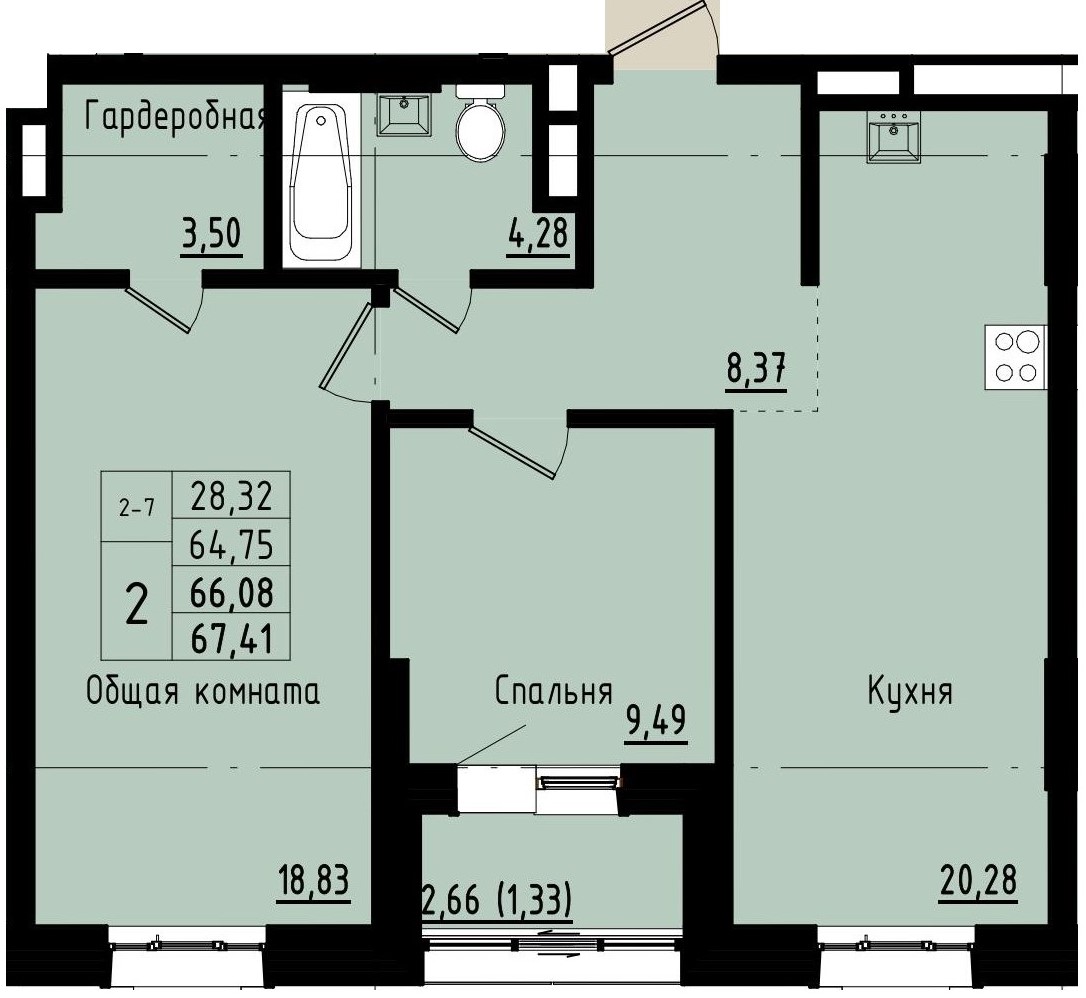 2 комн., 66.08 м²