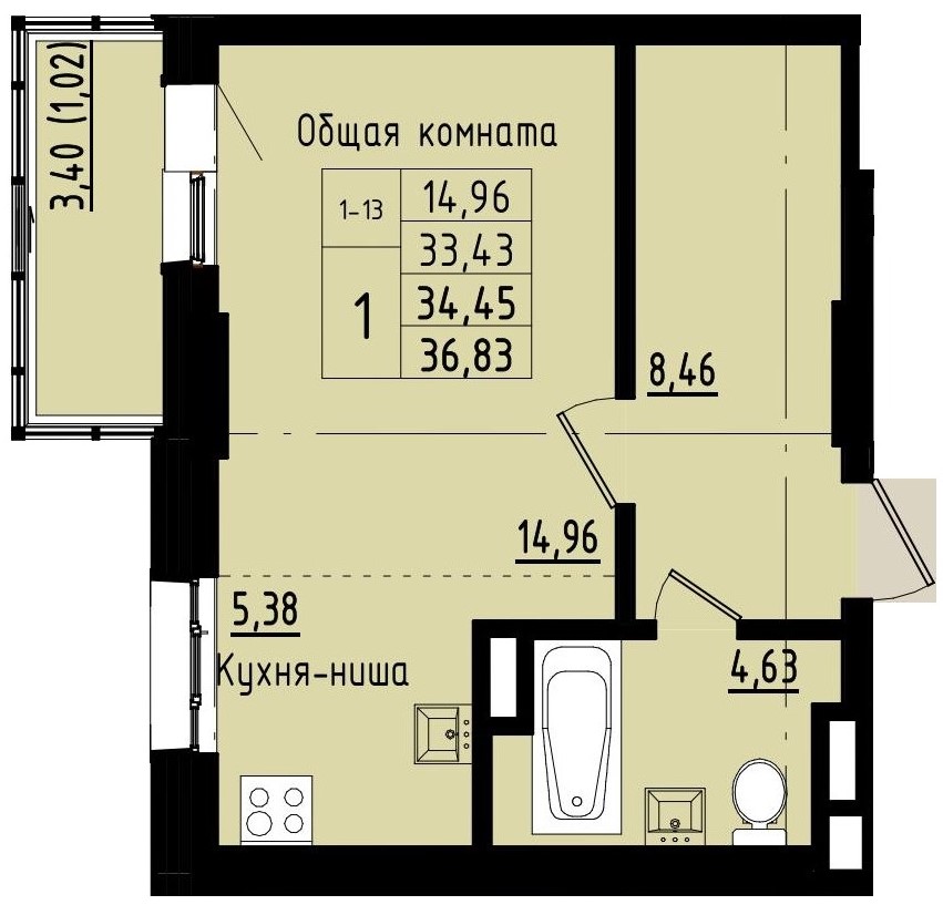 1 комн., 34.45 м²