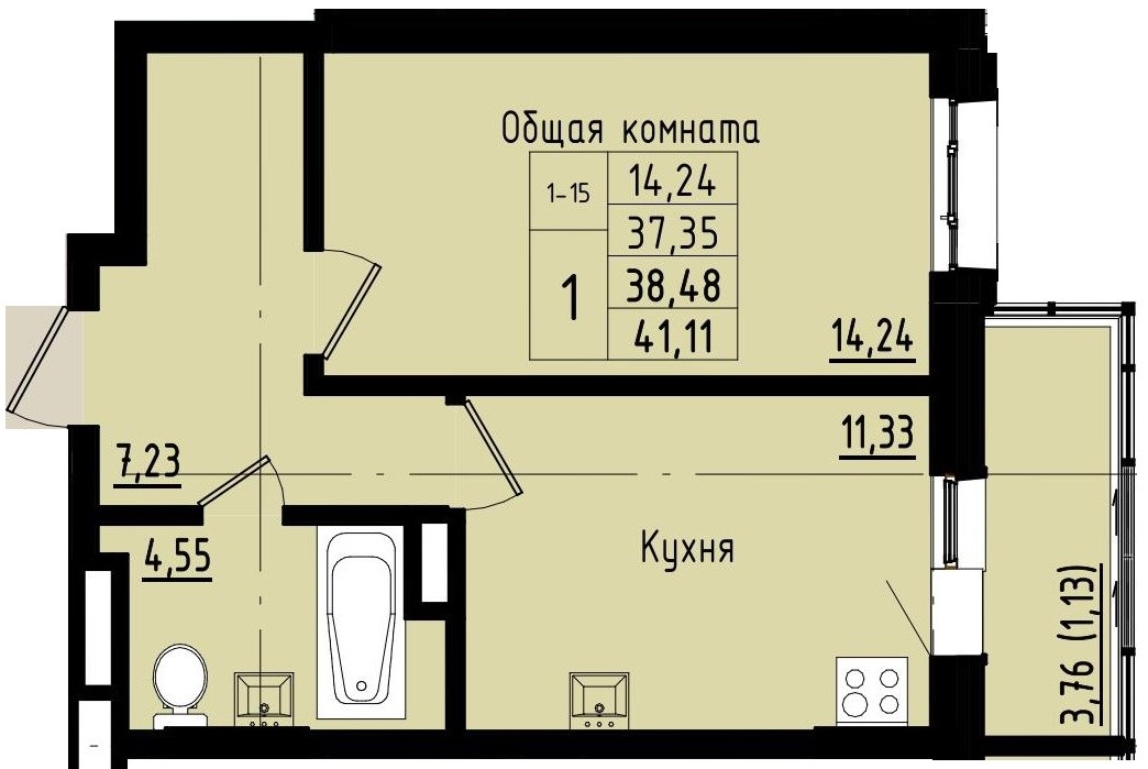 1 комн., 38.48 м²