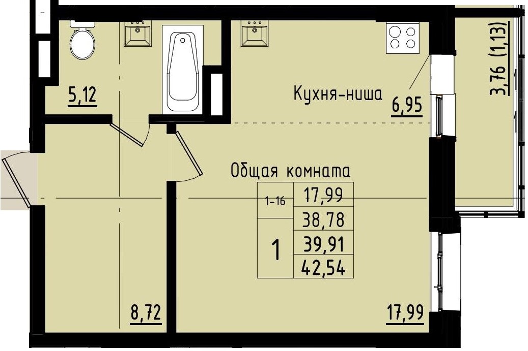 1 комн., 39.91 м²