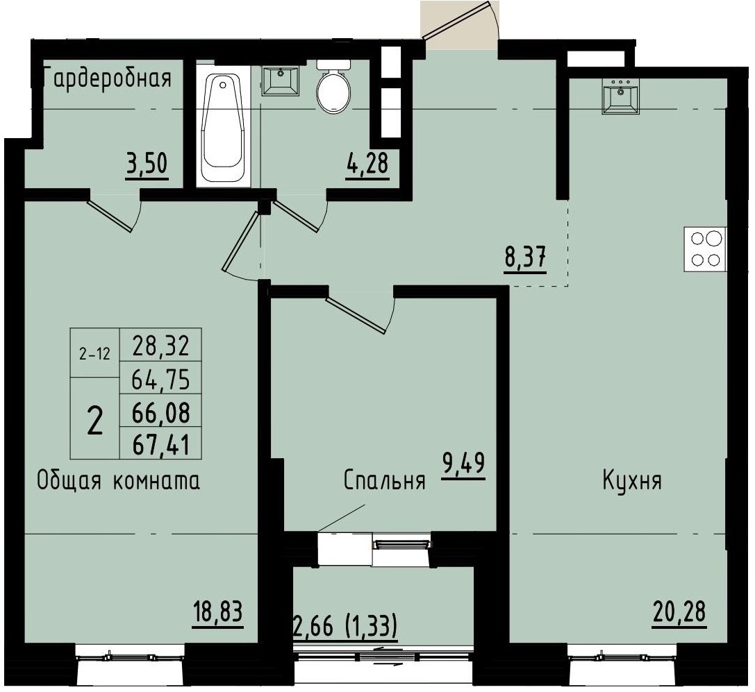 2 комн., 66.08 м²