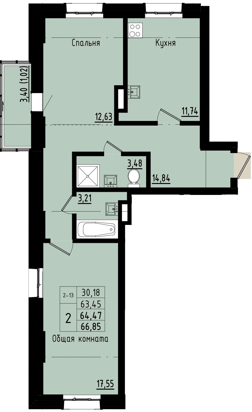 2 комн., 64.47 м²