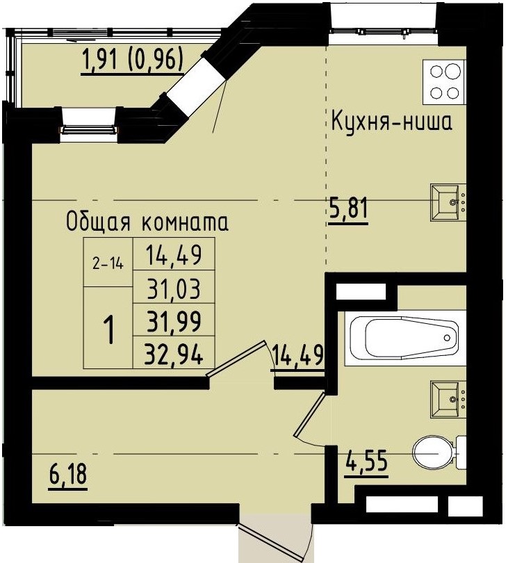 1 комн., 31.99 м²