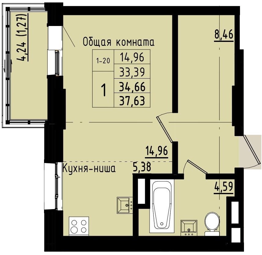 1 комн., 34.66 м²