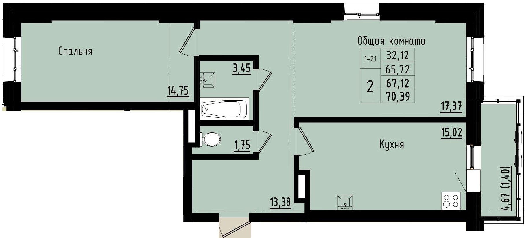 2 комн., 67.12 м²