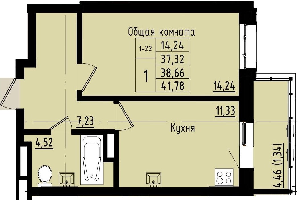 1 комн., 38.66 м²