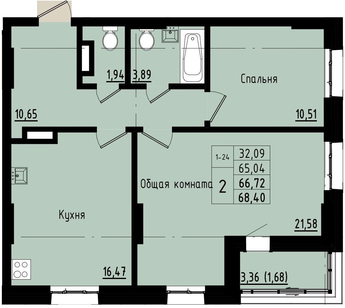 2 комн., 66.72 м²