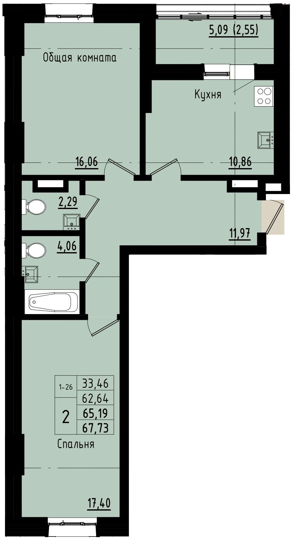2 комн., 65.19 м²