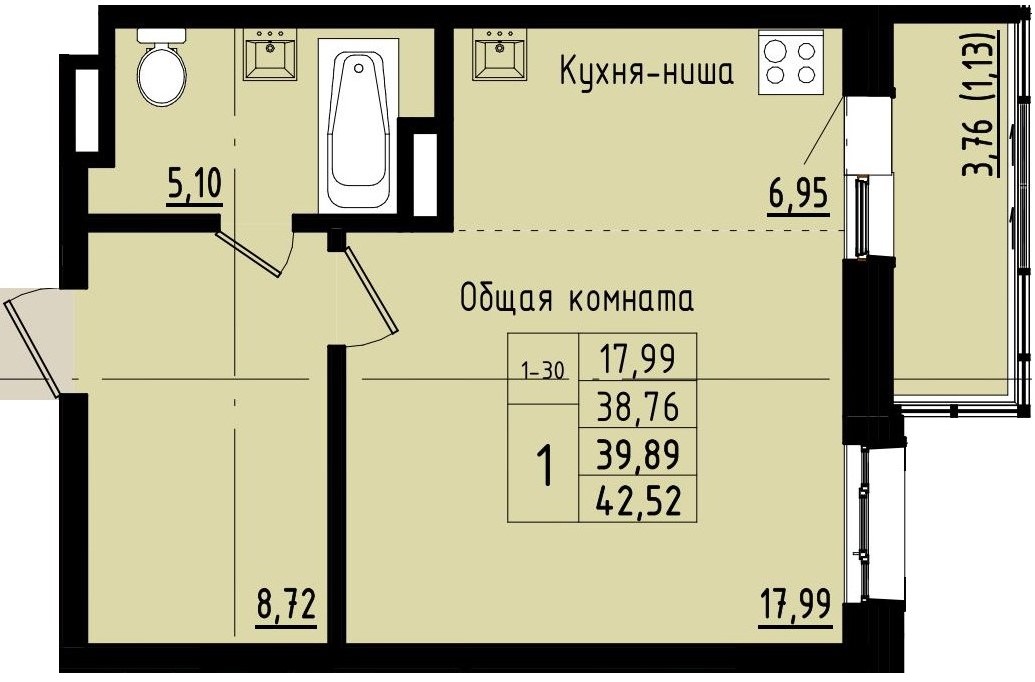 1 комн., 39.89 м²