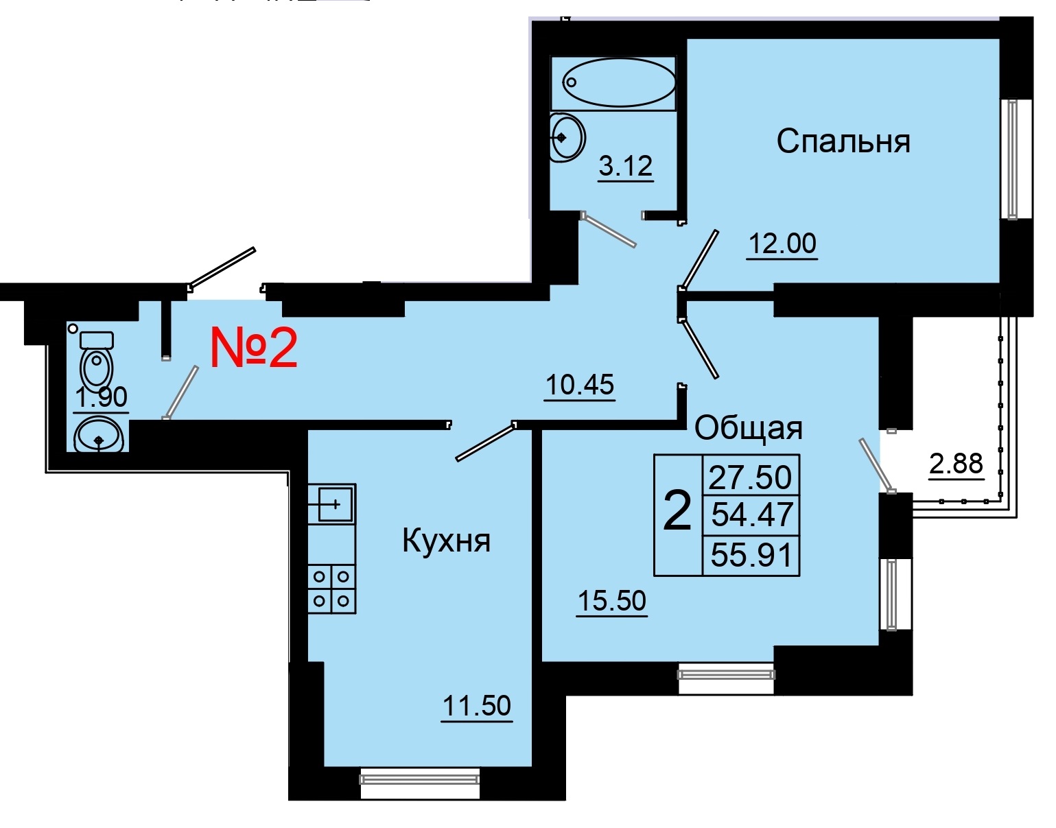 2 комн., 55.91 м²