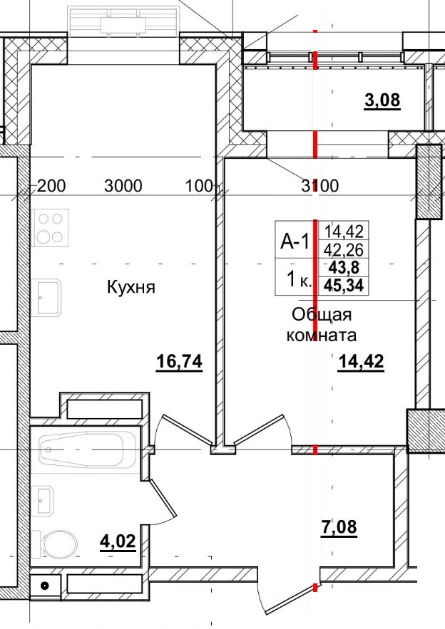 1 комн., 43.80 м²