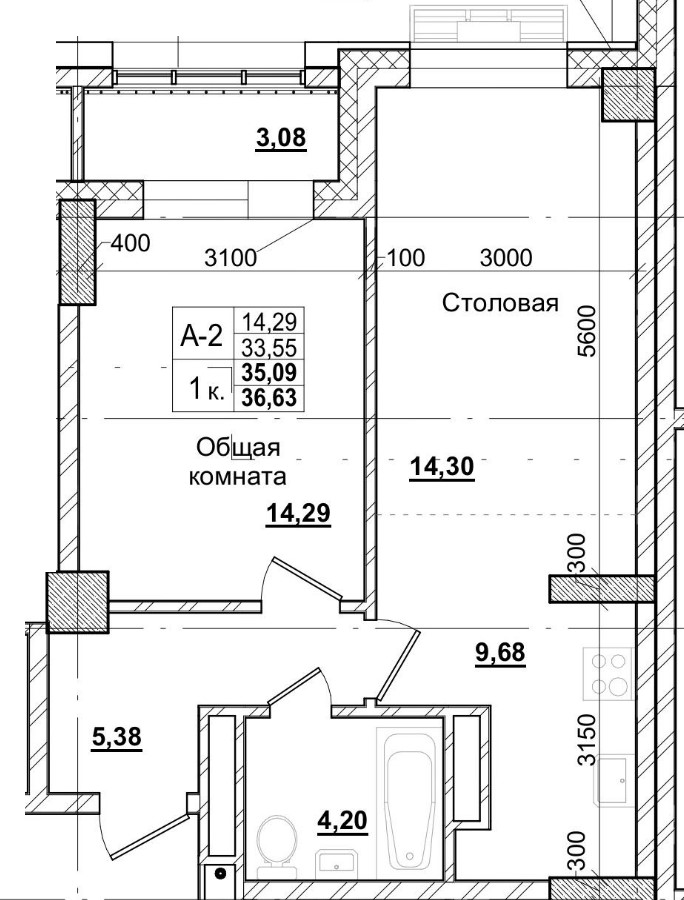 1 комн., 35.09 м²
