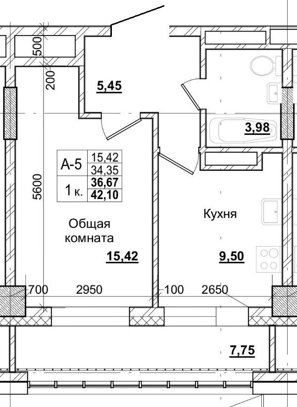 1 комн., 36.67 м²