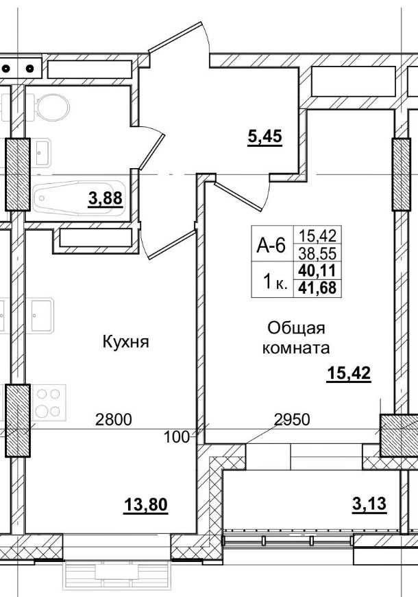 1 комн., 40.11 м²
