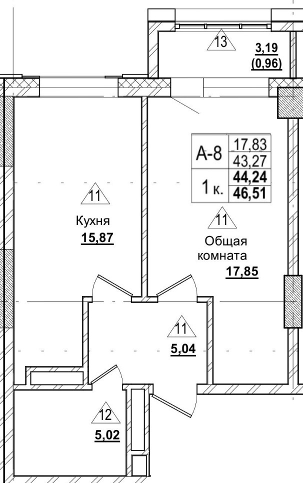 1 комн., 44.24 м²