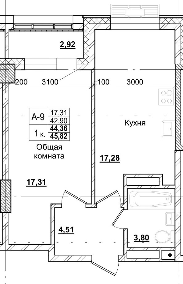 1 комн., 44.36 м²