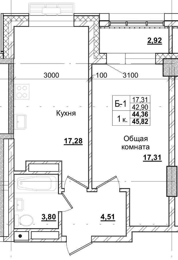 1 комн., 44.36 м²