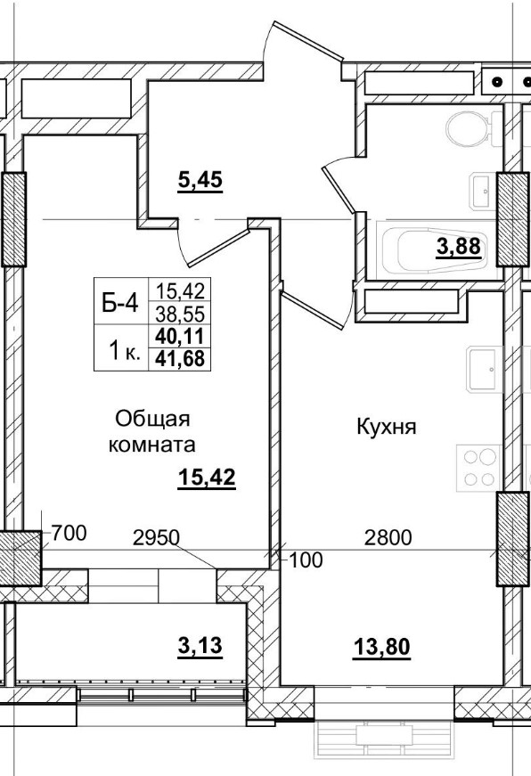 1 комн., 40.11 м²