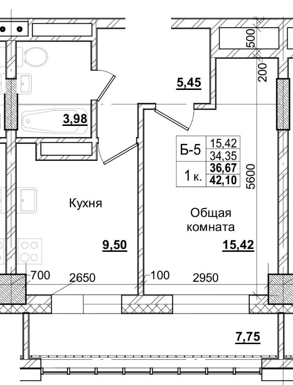 1 комн., 36.67 м²
