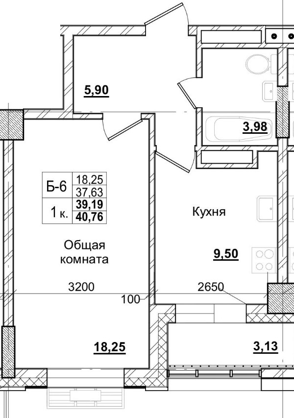 1 комн., 39.19 м²