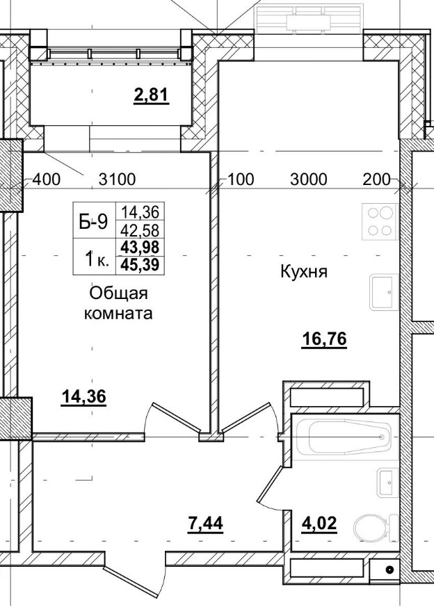 1 комн., 43.98 м²