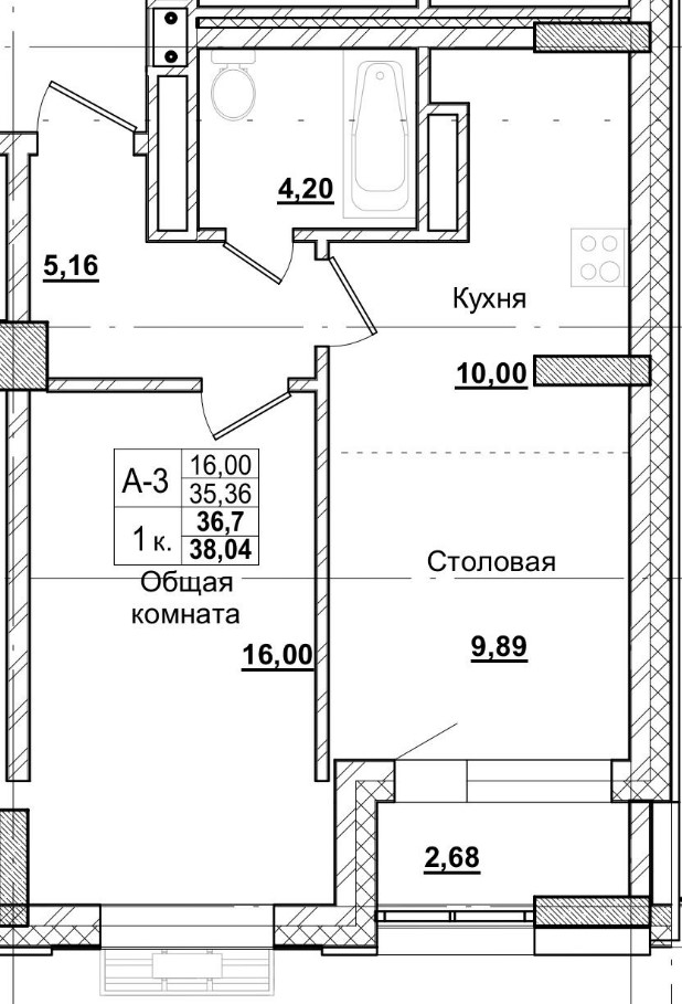 1 комн., 36.70 м²