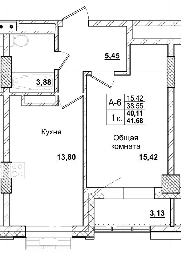 1 комн., 40.11 м²