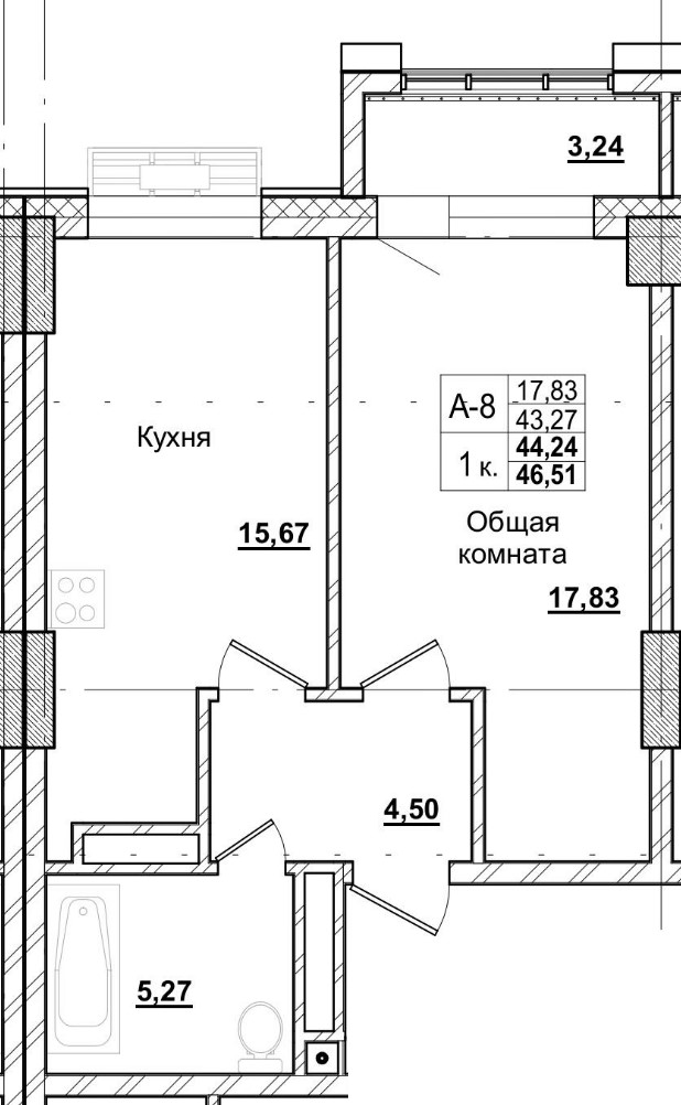 1 комн., 44.24 м²