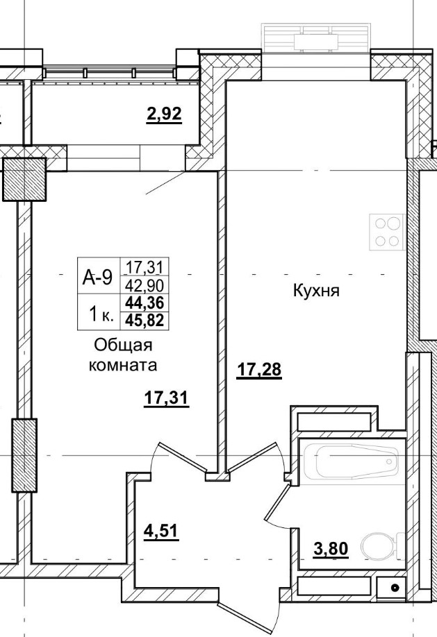 1 комн., 44.36 м²