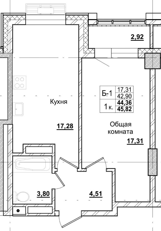 1 комн., 44.36 м²