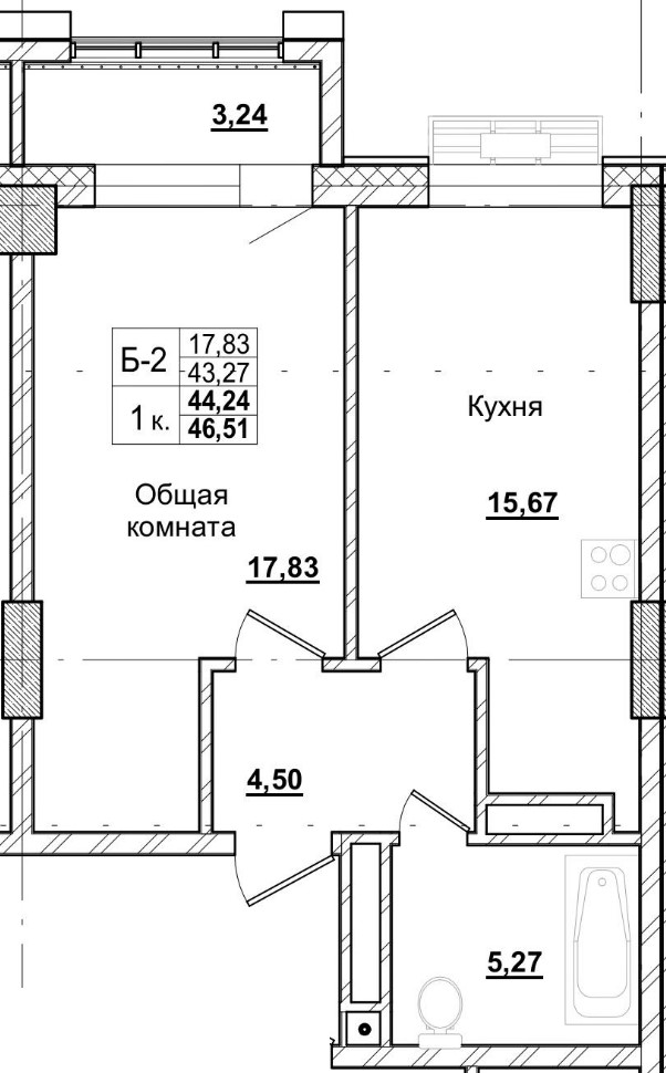 1 комн., 44.24 м²