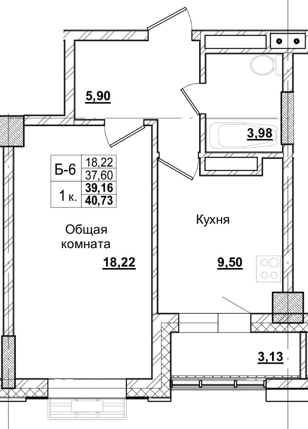1 комн., 39.16 м²