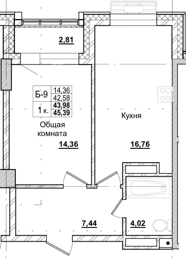 1 комн., 43.98 м²