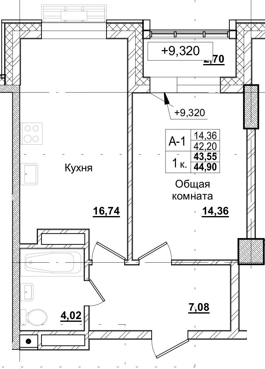 1 комн., 43.55 м²
