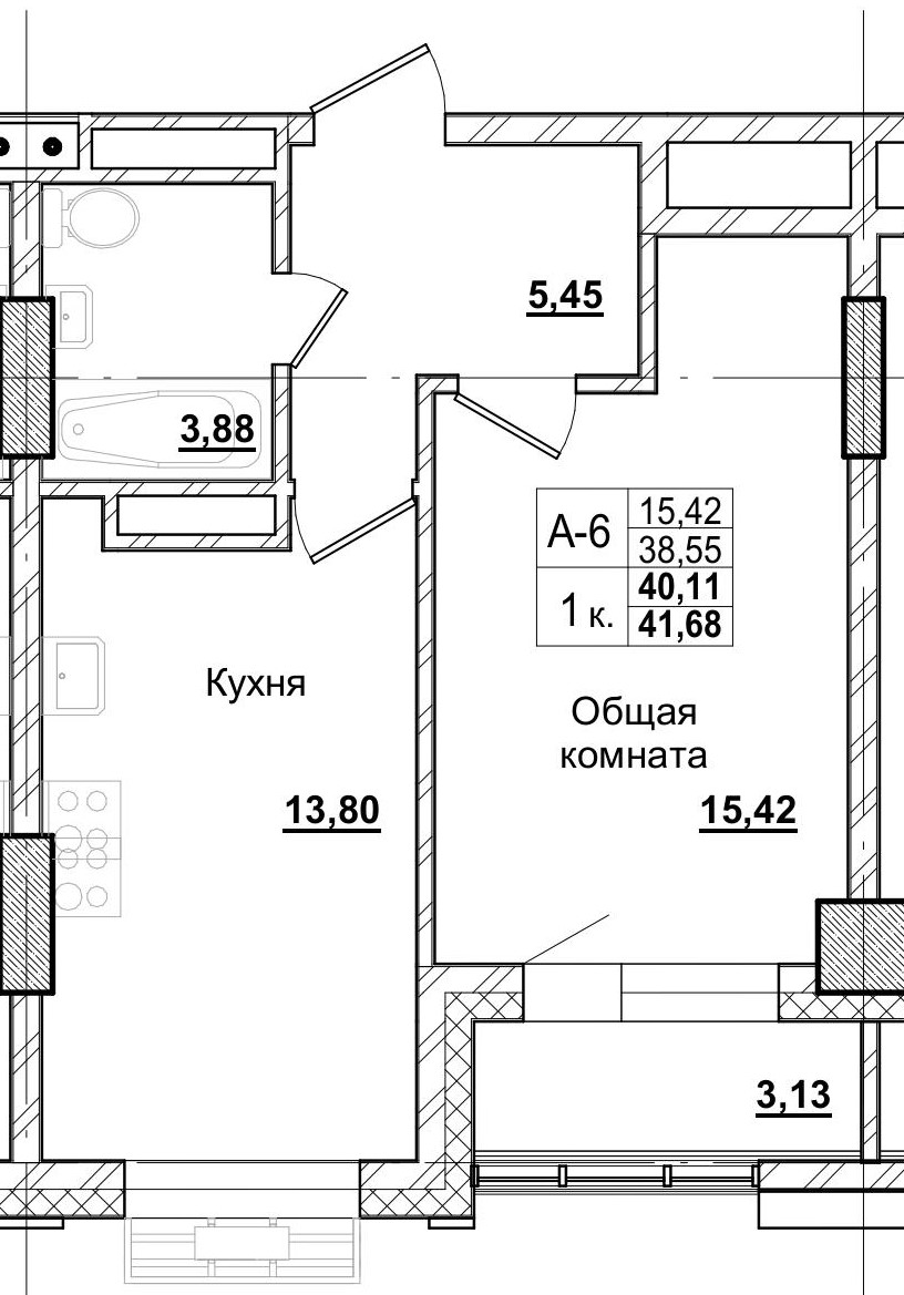 1 комн., 40.11 м²