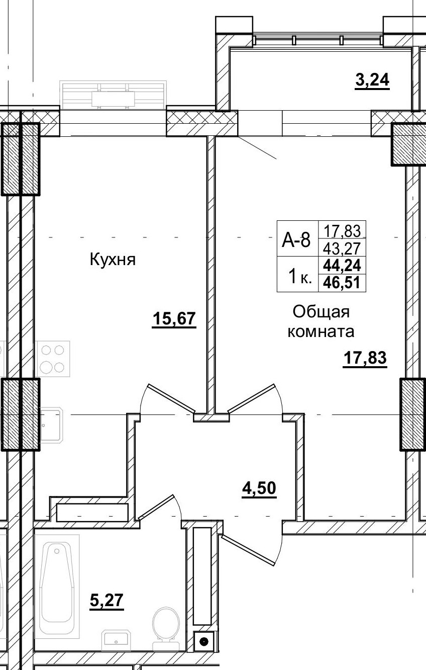 1 комн., 44.24 м²