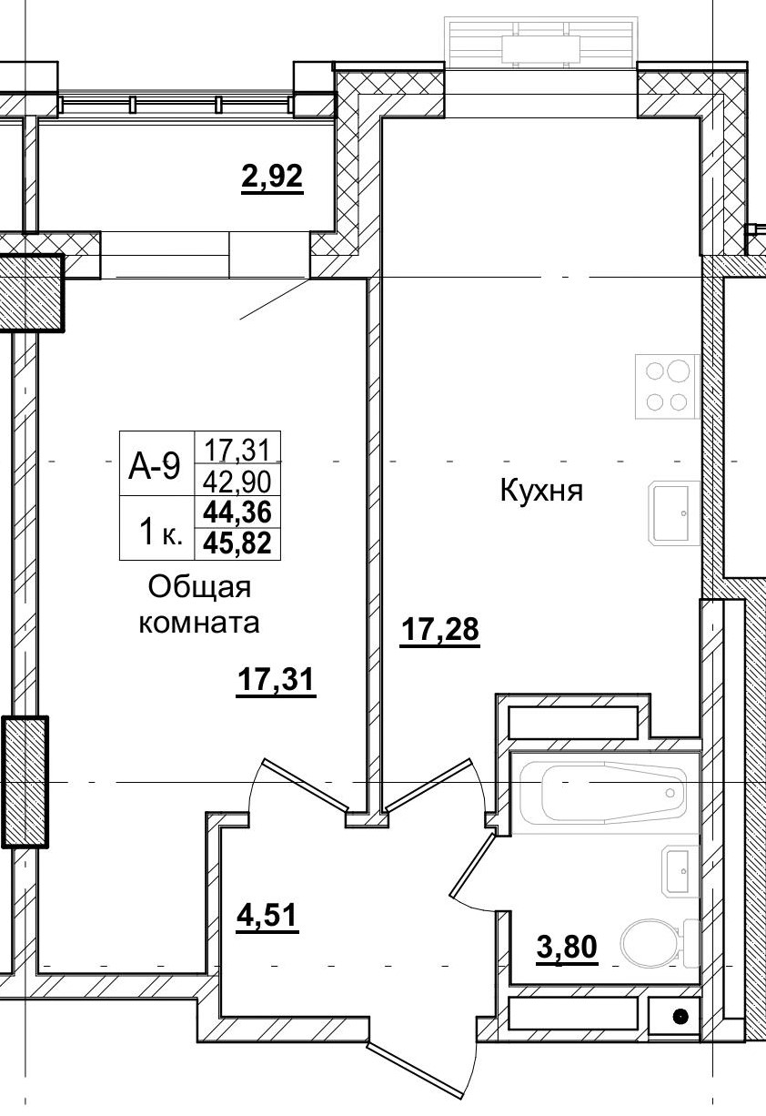1 комн., 44.36 м²