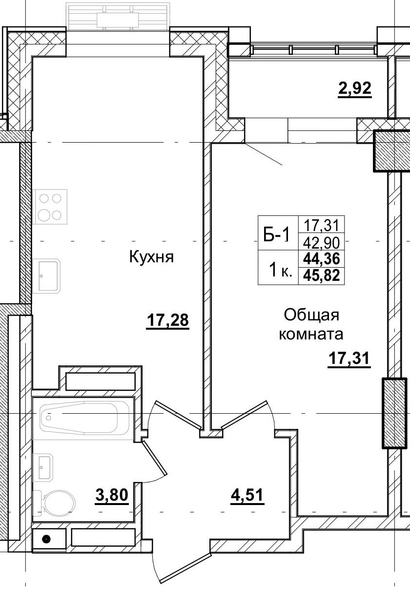 1 комн., 44.36 м²