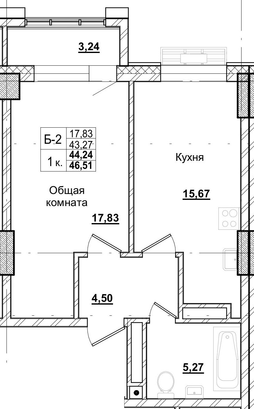 1 комн., 44.24 м²