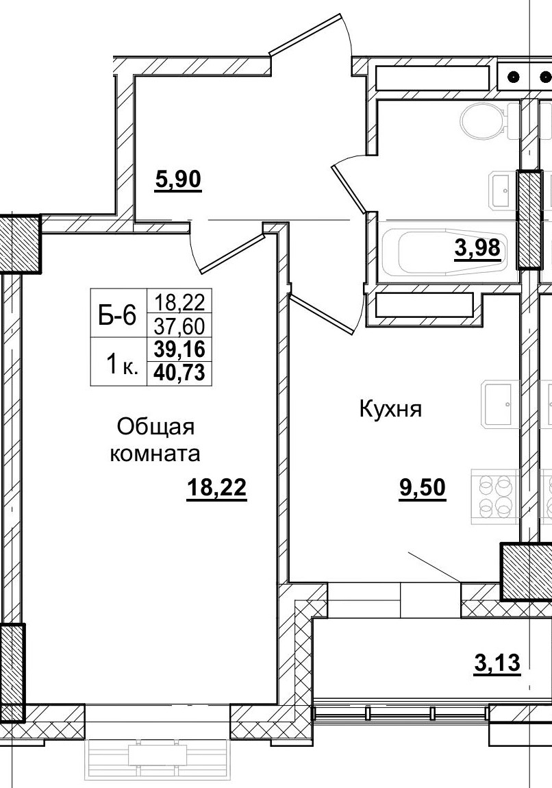 1 комн., 39.16 м²