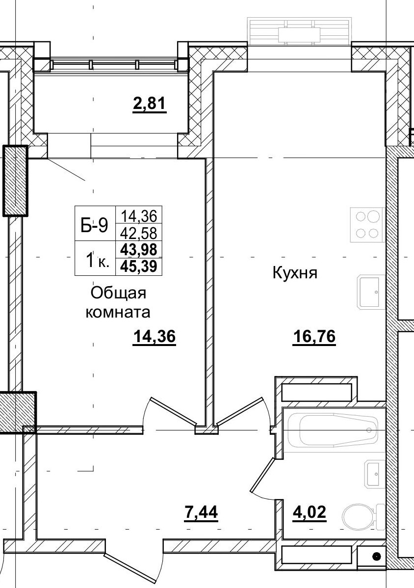 1 комн., 43.98 м²